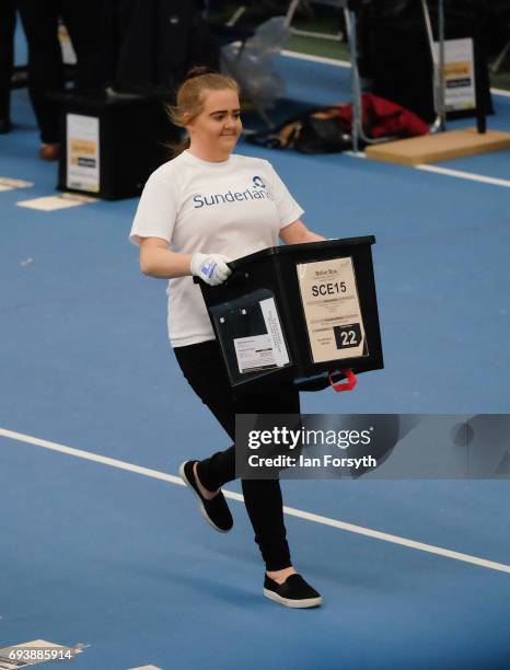 Ballot boxes are run in during the count at the Silksworth Community Pool, Tennis and Wellness Centre as the general election count begins on June 8,...