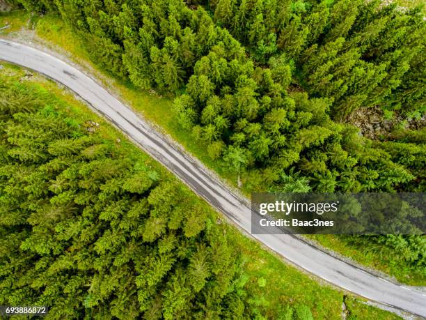 norwegian country road seen from above - norway spruce stock pictures, royalty-free photos & images