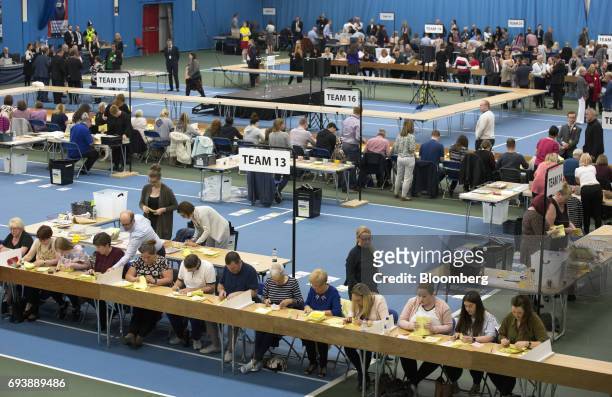 Volunteers count ballot papers for three constituencies in Tyne and Wear ceremonial county at the Silksworth Community Pool, Tennis and Wellness...