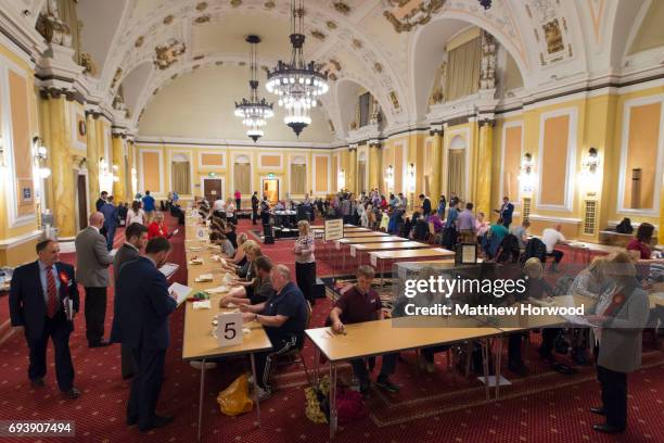 Ballot papers are counted at City Hall on June 8, 2017 in Cardiff, United Kingdom. After a snap election was called, the United Kingdom went to the...