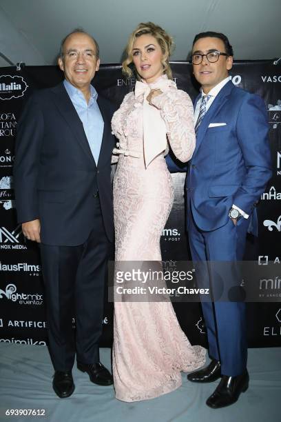 Former President of Mexico Felipe Calderon, Aracely Arambula and Adal Ramones attend the "Mano A Mano" exposition on June 7, 2017 in Mexico City,...