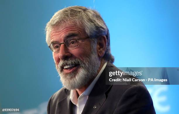 Sinn Fein Leader Gerry Adams at the Titanic exhibition centre in Belfast where counting is taking place in the 2017 General Election.