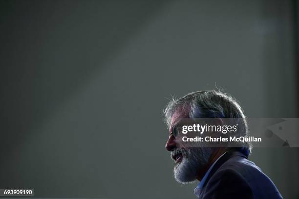 Sinn Fein president Gerry Adams is interviewed by a television station at the Belfast count taking place at the Titanic exhibition centre on June 9,...