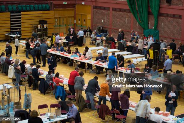 General view of counting underway at the Sport Wales National Centre on June 9, 2017 in Cardiff, United Kingdom. After a snap election was called,...