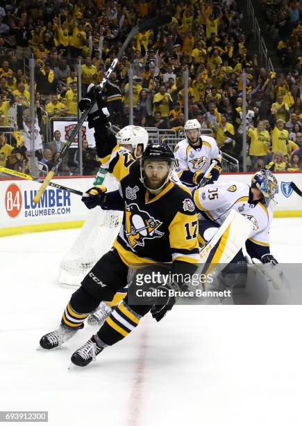 Bryan Rust of the Pittsburgh Penguins celebrates after scoring a goal in the first period against the Nashville Predators in Game Five of the 2017...