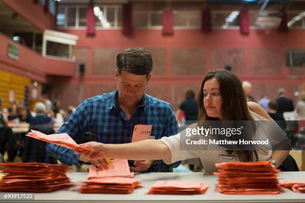 Man and woman count ballot papers at the Sport Wales National Centre on June 9, 2017 in Cardiff, United Kingdom. After a snap election was called,...