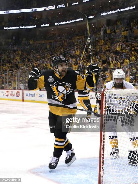 Conor Sheary of the Pittsburgh Penguins celebrates scoring his team's fourth goal against the Nashville Predators in the second period in Game Five...