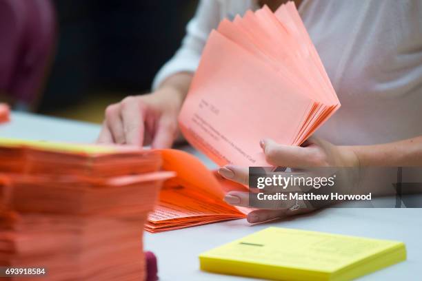 Closeup view of ballot papers being counted by a woman at the Sport Wales National Centre on June 9, 2017 in Cardiff, United Kingdom. After a snap...