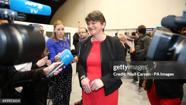 Leader Arlene Foster arrives at the Titanic Exhibition centre in Belfast where counting is taking place in the 2017 General Election.