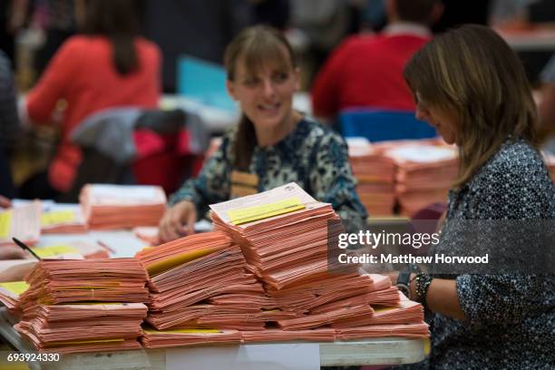 Ballot papers are counted at the Sport Wales National Centre on June 9, 2017 in Cardiff, United Kingdom. After a snap election was called, the United...