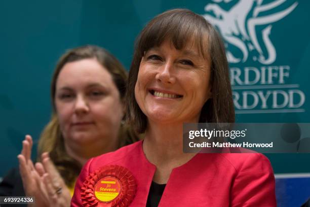 Jo Stevens smiles after winning Cardiff Central for Labour increasing her majority to more than 17,000 at the Sport Wales National Centre on June 9,...