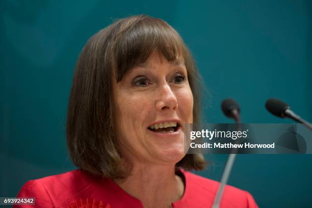 Jo Stevens smiles after winning Cardiff Central for Labour increasing her majority to more than 17,000 at the Sport Wales National Centre on June 9,...