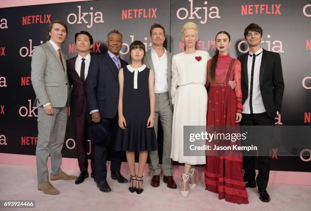 Paul Dano, Stephen Yeun, Giancarlo Esposito, An Seo Hyun, Brad Pitt, Tilda Swinton, Lily Collins and Devon Bostick attend "Okja" New York Premiere at...