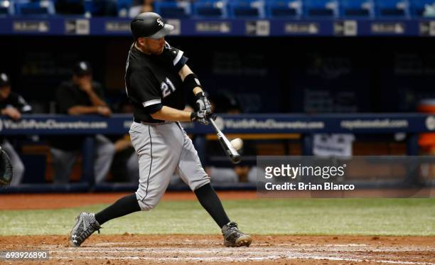 Todd Frazier of the Chicago White Sox hits a two-run home run off of pitcher Ryne Stanek of the Tampa Bay Rays during the eighth inning of a game on...