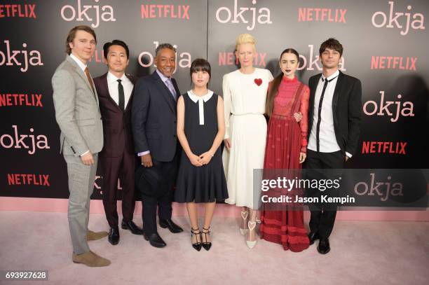 Cast Paul Dano, Stephen Yeun, Giancarlo Esposito, An Seo Hyun, Tilda Swinton, Lily Collins and Devon Bostick attend "Okja" New York Premiere at AMC...