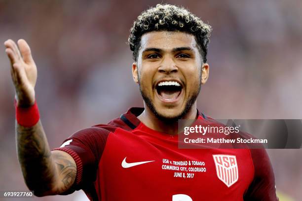 DeAndre Yedlin of the U.S. National Team celebrates setting up the first goal in the second half against Trinidad & Tabago during the FIFA 2018 World...