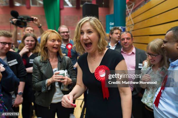 Anna McMorrin celebrates after winning Cardiff North for Labour at the Sport Wales National Centre on June 9, 2017 in Cardiff, United Kingdom. After...