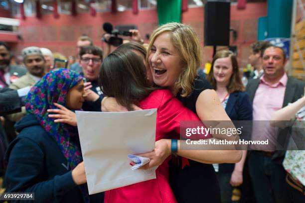 Anna McMorrin hugs Jo Stevens MP after winning Cardiff North for Labour at the Sport Wales National Centre on June 9, 2017 in Cardiff, United...