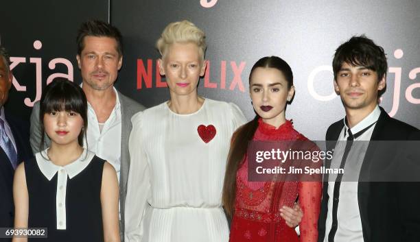 Actress Ahn Seo-hyun, actor/producer Brad Pitt, actors Tilda Swinton, Lily Collins and Devon Bostick attend the New York premiere of "Okja" hosted by...