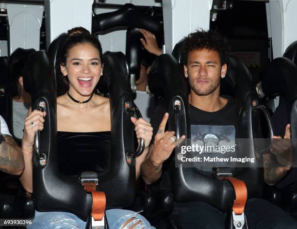 Athlete Neymar Jr. And actress Bruna Marquezine ride Batman at Six Flags Magic Mountain on June 8, 2017 in Valencia, California.