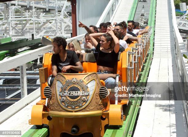 Athlete Neymar Jr. And actor Bruna Marquezine ride Twisted Colossus at Six Flags Magic Mountain on June 8, 2017 in Valencia, California.