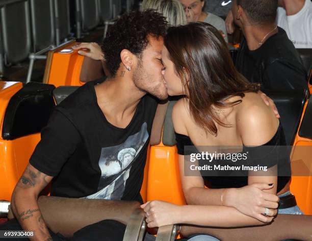 Athlete Neymar Jr. And actor Bruna Marquezine ride Twisted Colossus at Six Flags Magic Mountain on June 8, 2017 in Valencia, California.