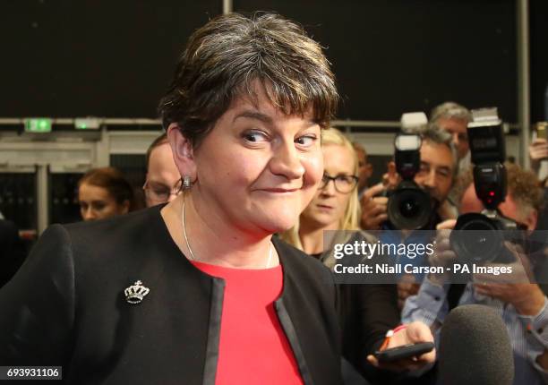 Leader Arlene Foster arrives at the Titanic exhibition centre in Belfast where counting is taking place in the 2017 General Election.