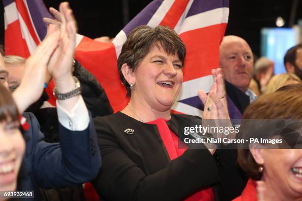 Leader Arlene Foster celebrates the election of Gavin Robinson in East Belfast at the Titanic exhibition centre in Belfast where counting is taking...