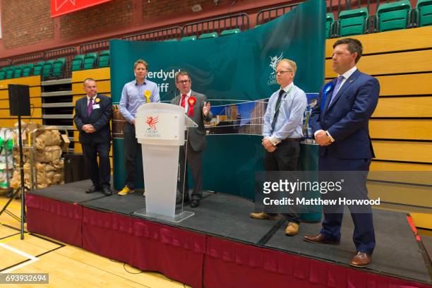 Kevin Brennan speaks after winning Cardiff West for Labour at the Sport Wales National Centre on June 9, 2017 in Cardiff, United Kingdom. After a...
