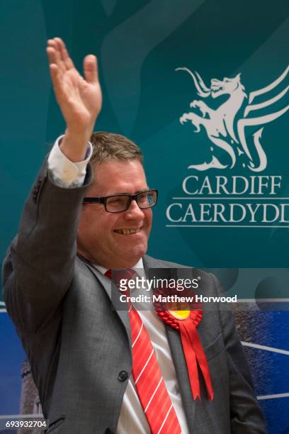 Kevin Brennan waves to supporters after winning Cardiff West for Labour at the Sport Wales National Centre on June 9, 2017 in Cardiff, United...