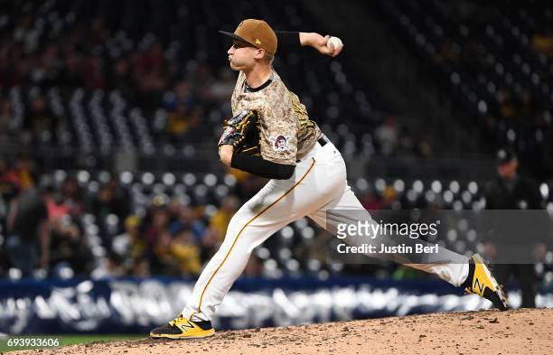 Dovydas Neverauskas of the Pittsburgh Pirates delivers a pitch in the ninth inning during the game against the Miami Marlins at PNC Park on June 8,...