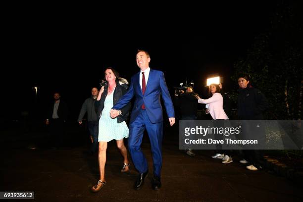 Leader of the Liberal democrats Tim Farron arrives with his wife Rosie at the Westmoorland and Lonsdale constituency count at Kendal Leisure Centre...