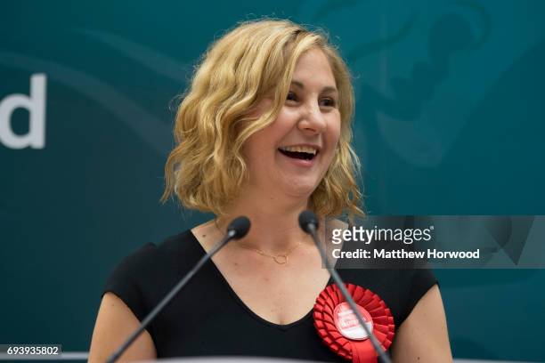 Anna McMorrin speaks after winning Cardiff North for Labour at the Sport Wales National Centre on June 9, 2017 in Cardiff, United Kingdom. After a...