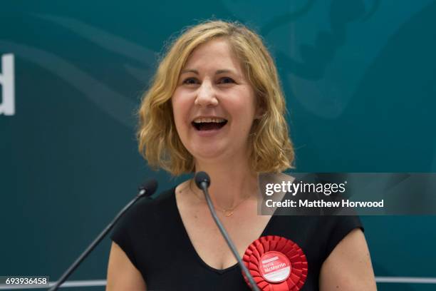 Anna McMorrin speaks after winning Cardiff North for Labour at the Sport Wales National Centre on June 9, 2017 in Cardiff, United Kingdom. After a...