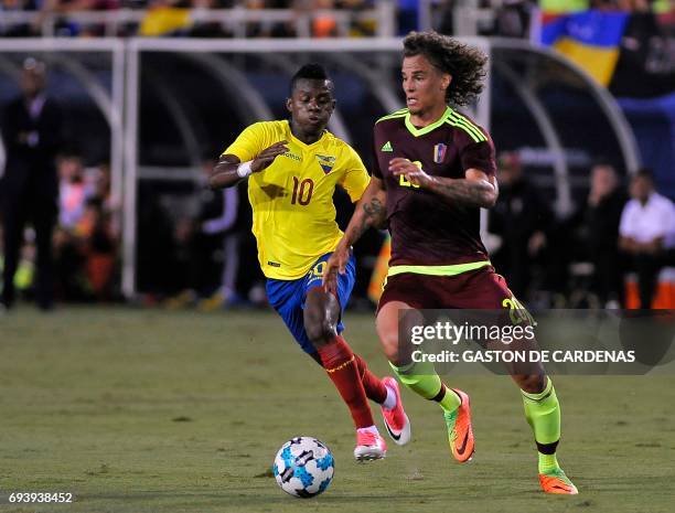 Ecuador's Juan Casares fights for the ball against Venezuela's defender Rolf Feltscher during their friendly soccer match at FAU stadium in Boca...