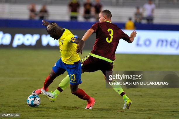Venezuela Mike Villanueva vies for the ball with Ecuador's Enner Valencia during their friendly soccer match at FAU stadium in Boca Raton, Florida...