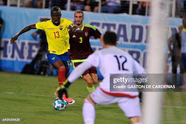 Enner Valencia of Ecuador drives the ball during a friendly match between Ecuador and Venezuela at FAU stadium in Boca Raton, Florida June 8, 2017. /...