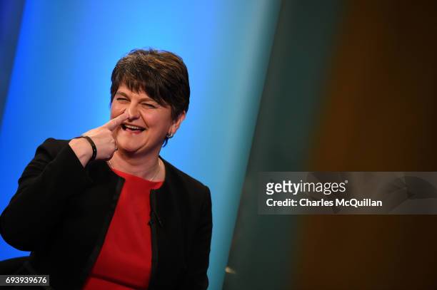Leader Arlene Foster jokes during a television interview at the Belfast count centre on June 9, 2017 in Belfast, Northern Ireland. After a snap...