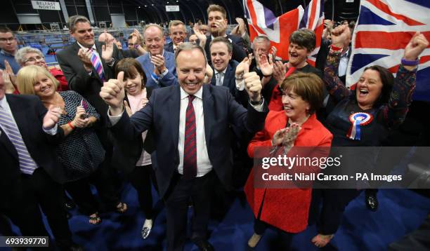 Deputy leader Nigel Dodds is elected to the North Belfast constituency at the Titanic exhibition centre in Belfast where counting is taking place in...