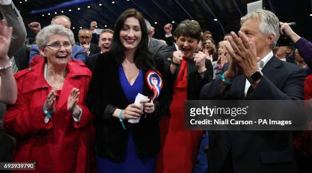 Leader Arlene Foster and former leader Peter Robinson cheer as Emma Little Pengelly is elected to the South Belfast constituency at the Titanic...