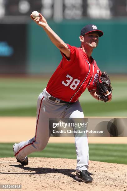 Relief pitcher Jacob Turner of the Washington Nationals pitches against the Oakland Athletics during the MLB game at Oakland Coliseum on June 3, 2017...