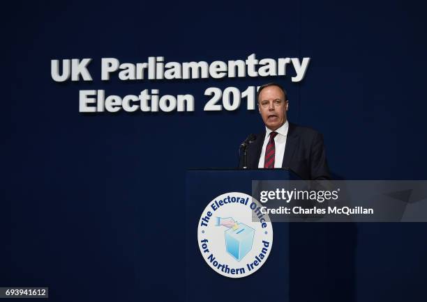 Deputy leader Nigel Dodds makes a speech after being re-elected at the Belfast count centre on June 9, 2017 in Belfast, Northern Ireland. After a...