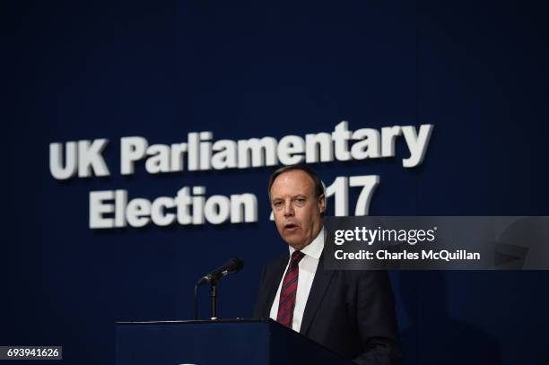 Deputy leader Nigel Dodds makes a speech after being re-elected at the Belfast count centre on June 9, 2017 in Belfast, Northern Ireland. After a...