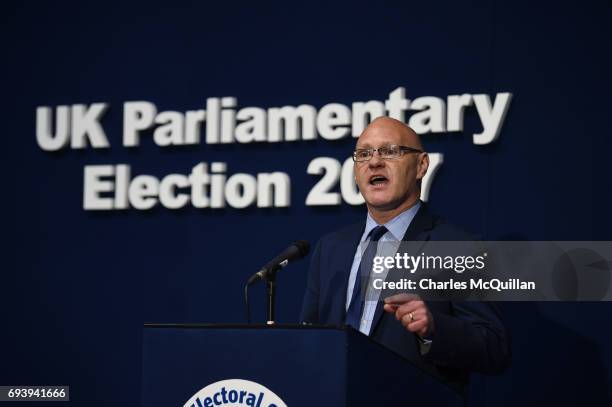 Sinn Fein candidate Paul Maskey gives a speech after winning the west Belfast seat at the Belfast count taking place at the Titanic exhibition centre...