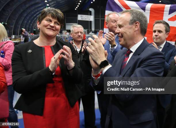 Leader Arlene Foster and deputy leader Nigel Dodds cheer as Emma Little Pengelly is elected to the South Belfast constituency at the Titanic...