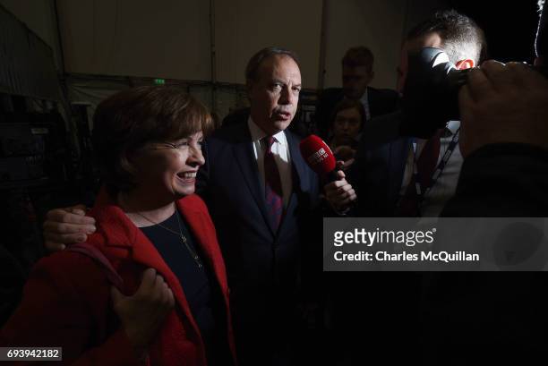 Deputy leader Nigel Dodds is interviewed after being re-elected at the Belfast count centre on June 9, 2017 in Belfast, Northern Ireland. After a...