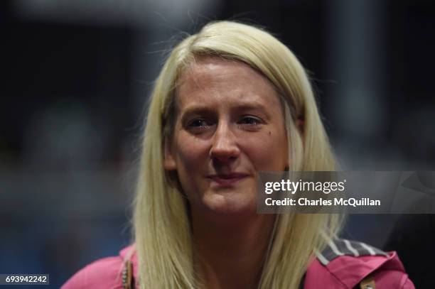 East Belfast candidate Gavin Robinson's wife, Lindsay Robinson is overcome with emotion after Robinson regained his Westminster seat at the Belfast...