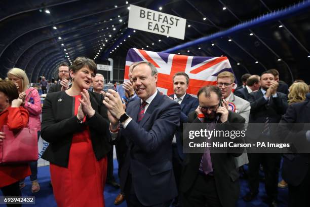 Leader Arlene Foster and deputy leader Nigel Dodds cheer as Emma Little Pengelly is elected to the South Belfast constituency at the Titanic...