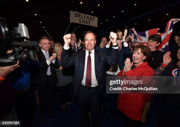 Deputy leader Nigel Dodds celebrates after being re-elected at the Belfast count centre on June 9, 2017 in Belfast, Northern Ireland. After a snap...