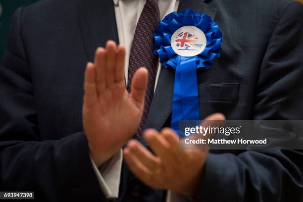 Conservative party candidate claps at the Sport Wales National Centre on June 9, 2017 in Cardiff, United Kingdom. After a snap election was called,...